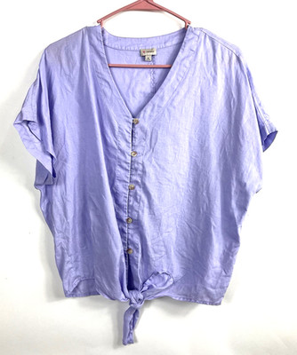 Cremieux Women's V-Neck Solid Lavender Linen 100% Short Causal Sleeve Bottom Tie