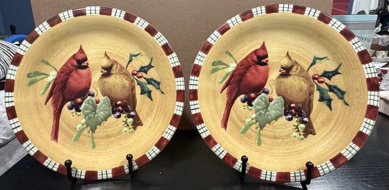 Lenox Winter Greetings Everyday Salad Plate CARDINAL Tartan Border Set of 2