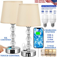 SET OF 2 CRYSTAL TABLE LAMPS TOUCH CONTROL BEDSIDE NIGHTSTAND BEDROOM USB BULBS