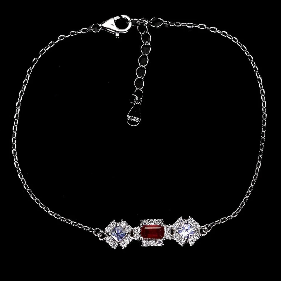 Black Friday 925 Silver Bracelet Octagon Ruby Tanzanite Gemstone Jewelry 8in - Image 2 of 4