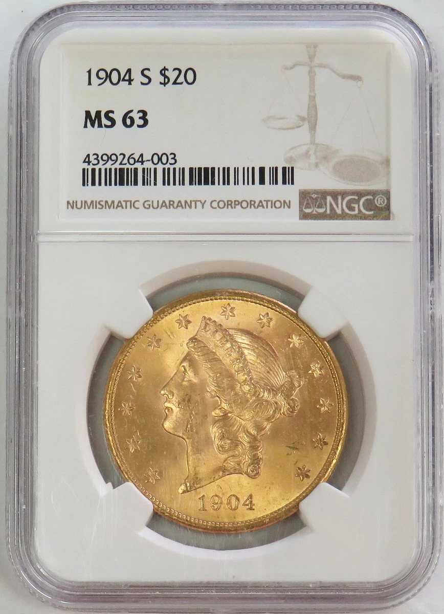 1904 S GOLD $20 LIBERTY HEAD DOUBLE EAGLE COIN NGC MINT STATE 63