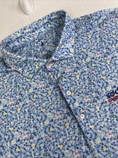 Johnnie O Tuck Malibu Mens XL Blue Hawaiian Polo Shirt Event Logo Floral Turtles