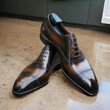 Handmade Brown Genuine Leather Lace up Cap Toe Oxford Dress Office Shoes For Men