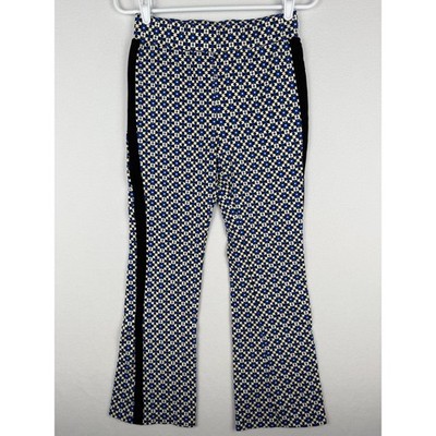 Maeve by Anthropologie Ponte Flare Trousers Womens XS Black Blue Geometric AOP