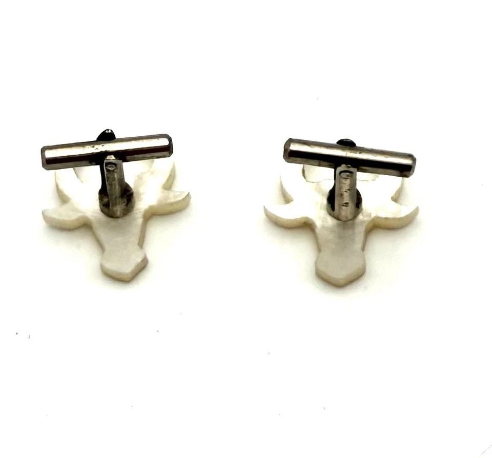 Longhorn Bull Steer Cufflinks Carved Mother Of Pearl Cream Vintage Silver Tone - Image 4 of 4