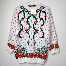 DANA SCOTT vintage Christmas sweater ribbons bows poinsettias ugly holiday NEW
