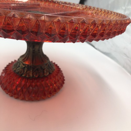 Antique Glass Red Flash Pedestal Metal And Glass Serving Tray Plate Tiered Stand - Picture 12 of 13