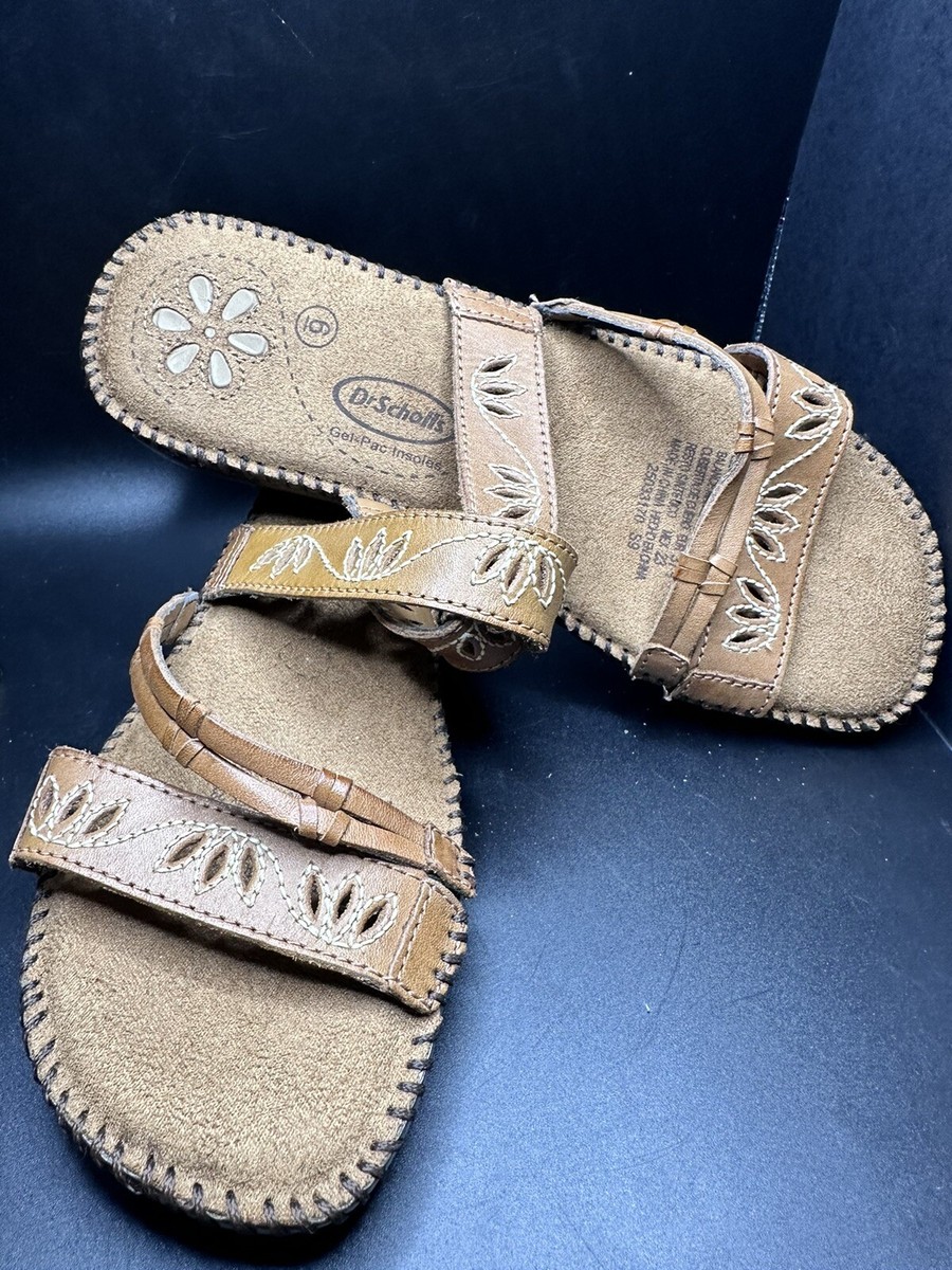Dr Scholls Nealy Sandals Size Womens Ladies Brown Leather Shoe Slip On