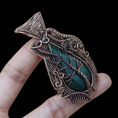 Green Aventurine Gemstone Copper Wire Wrapped Antique Tree Pendant