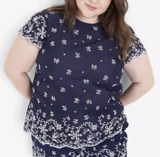 LANE BRYANT WOMEN'S NAVY BLUE SHORT FLUTTER SLEEVE WOVEN EYELET TOP Sz 14/16