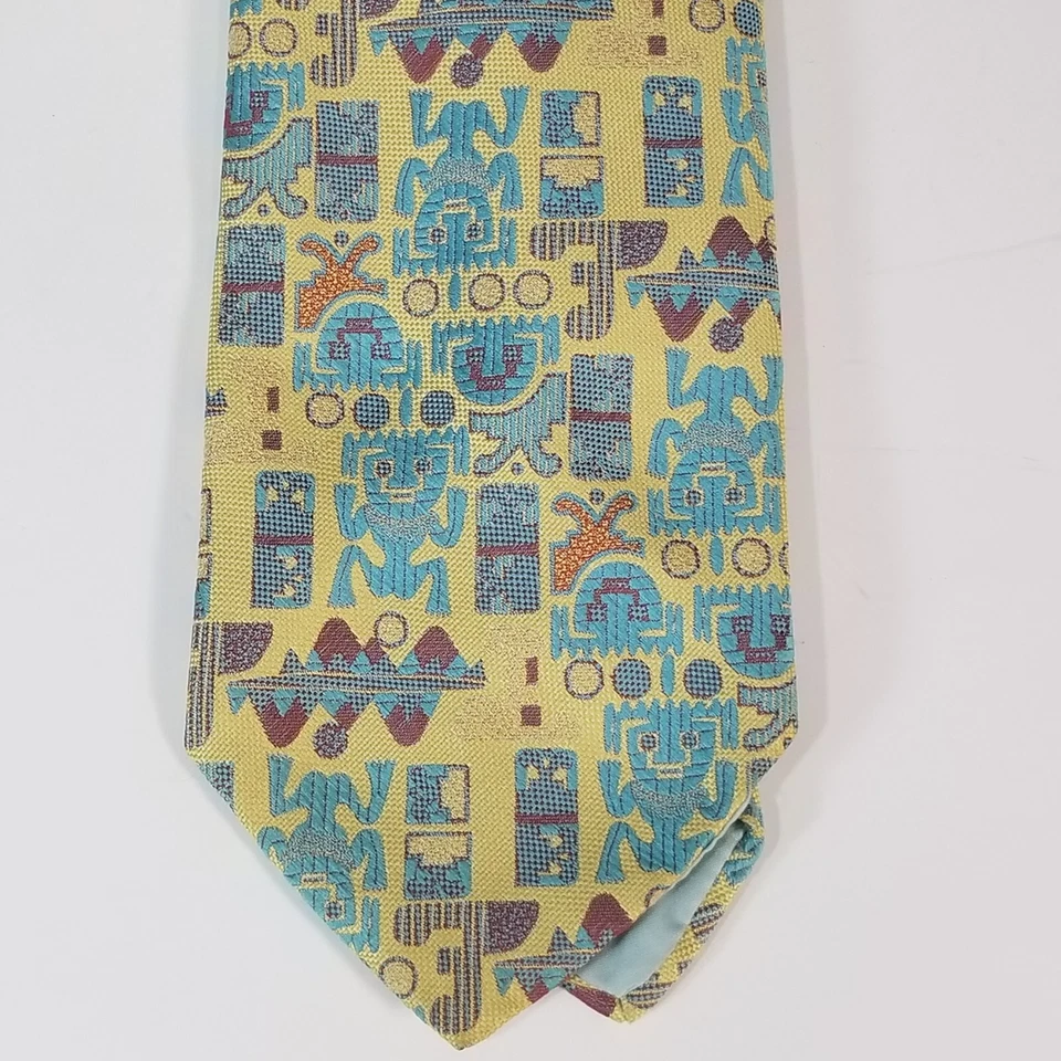 Wembley Tie Vintage 60's 70's Kipper 4" wide yellow blue Brocade Mayan Aztec - Image 3 of 4