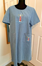 Vintage Blair Dress Womens XL Blue Denim Shift Light House Embroidery Nautical