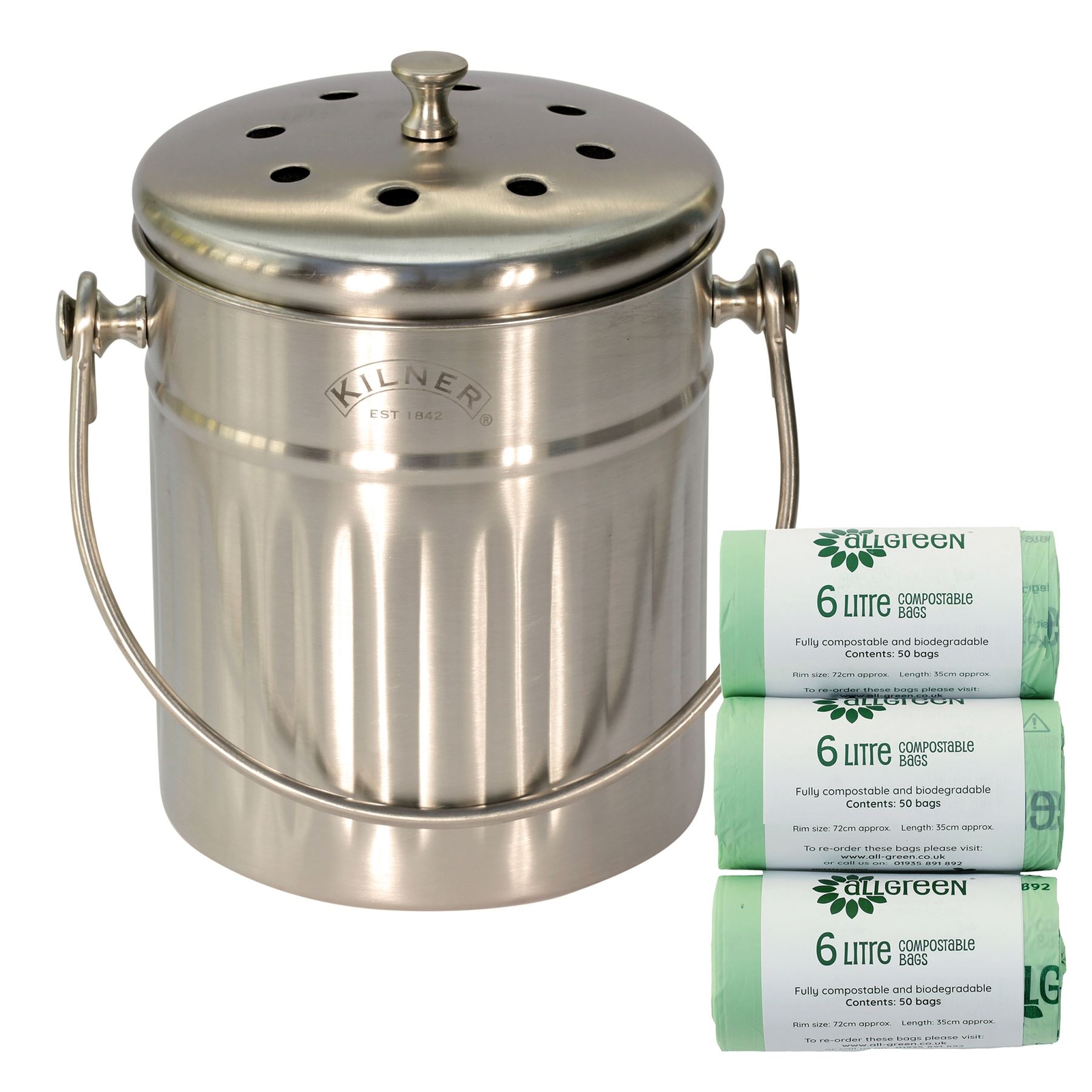 Kilner 2 Litre Stainless Steel Compost Caddy & 150 x 6L Compostable Bags