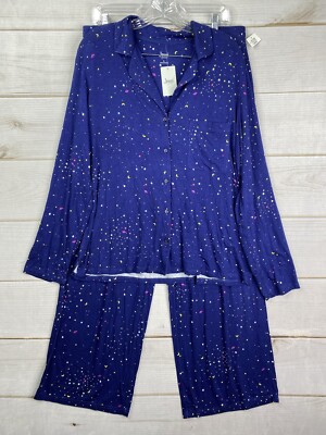 Jenni Pajama Set Womens Sz L Blue Ditsy Space Printed Long Sleeves Loungewear