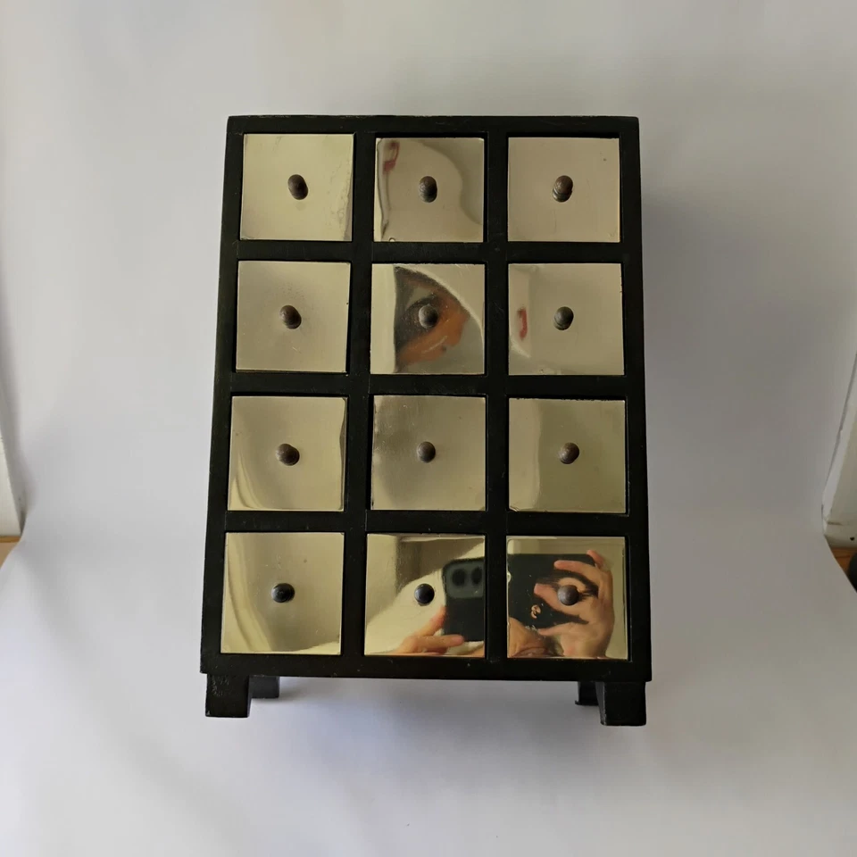 Vintage Black Wood and Silver Metal Table Top Chest of Drawers Hardwood Handmade - Image 3 of 4