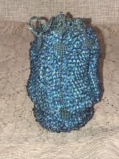 Vintage Blue Glass Beaded Crocheted Draw Cord Evening Bag - Excellent
