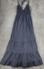 Wet Seal Dress Womens XL Blue Denim Halter Tiered Ruffled Maxi Y2K Cottagecore