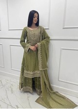 Beautiful Faux Georgette Sage Green Top Palazzo With Dupatta For Reception