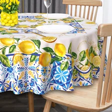 Lemon Tablecloth 60 Inch Round, Yellow and Blue Mediterranean Summer Decor Tile 