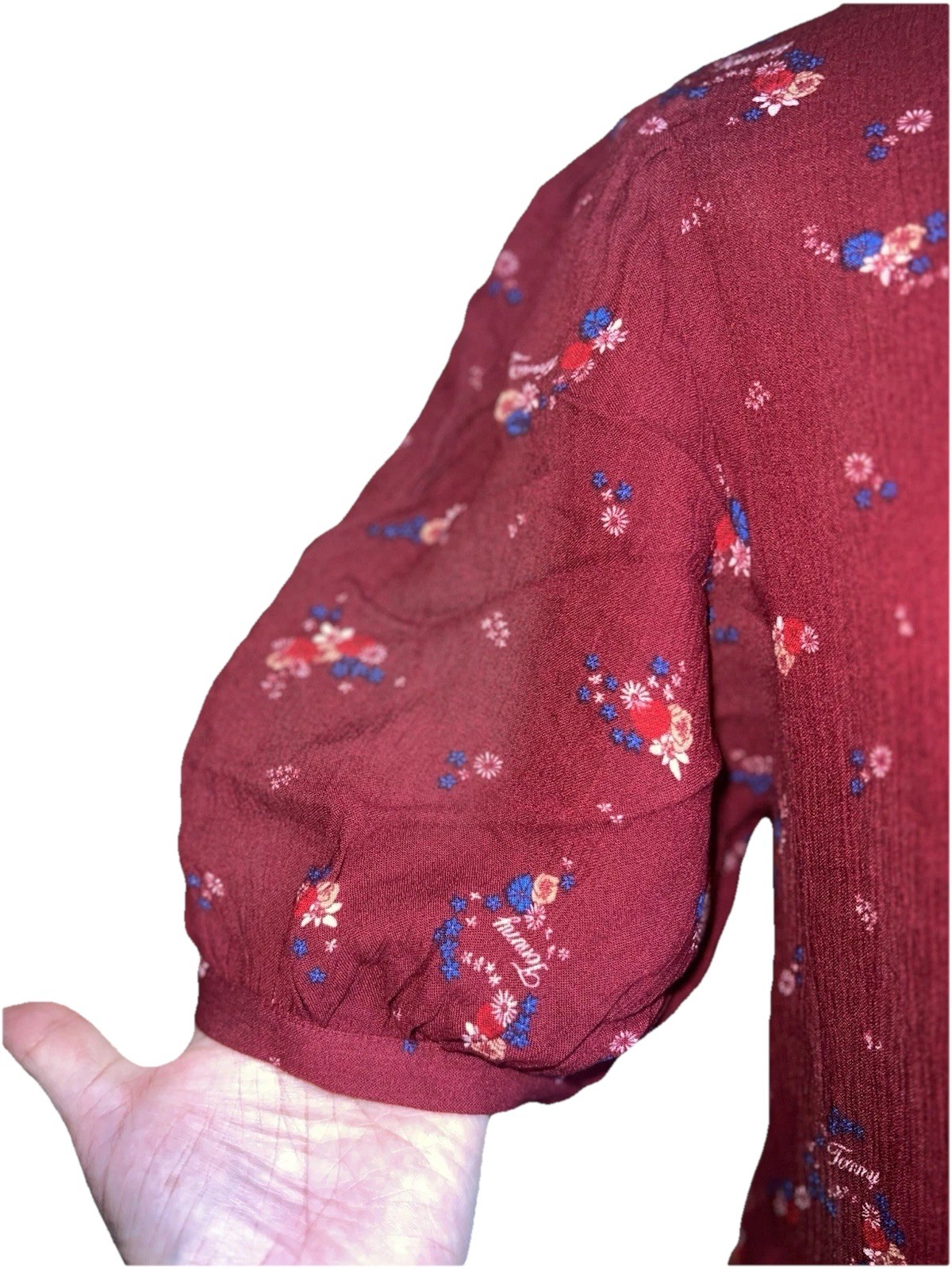 Tommy Jeans Burgundy Floral Print Tiered A-Line Short Sleeve Dress Sz SMALL, NWT thumbnail 10