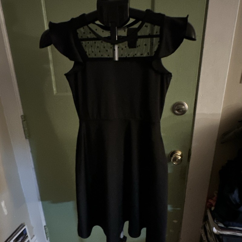 Arshiner Girls 140 Black A-Line Knee Dress Mesh Yoke Ruffle Sleeveless