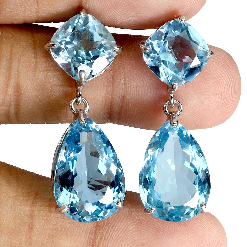 925 Sterling Silver Earrings Pear Swiss Blue Topaz 49.2ct Handmade Gemstone