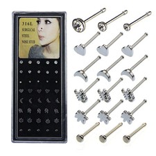 40pcs Nose Rings Bone Stud Pin Crystal 20G Stainless Steel Body Piercing JewBNS
