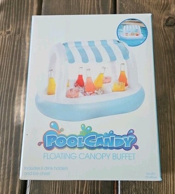 PoolCandy Inflatable Floating Buffet Bar with Canopy - Blue & White Cabana