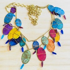 VTG BOHO Colorful Brass Chain Dangle Belt Necklace Cha cha Glass Patina Retro