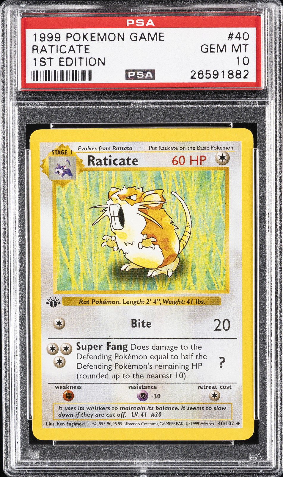 1999 POKEMON BASE SET 1ST EDITION #40 RATICATE PSA 10