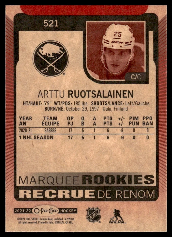 2021-22 O-Pee-Chee Red Border Arttu Ruotsalainen Buffalo Sabres #521 - Image 2 of 2