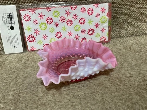 vintage Fenton  cranberry opalescent hobnail ruffled edge bowl . 5"