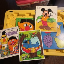 VTG Lot of 5 Playskool Wooden Puzzles SESAME STREET Mickey Mouse Fruit Cookie