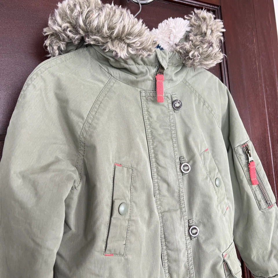 Boden 5-6Y Winter Coat Jacket Parka Green Front Pockets Faux Fur Trim Hood - Image 4 of 4