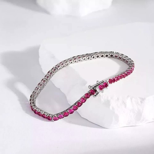 Women's Tennis Bracelet 6Ct Round Cut Lab Created Red Ruby 925 Silver 7 Inches - Picture 3 of 6