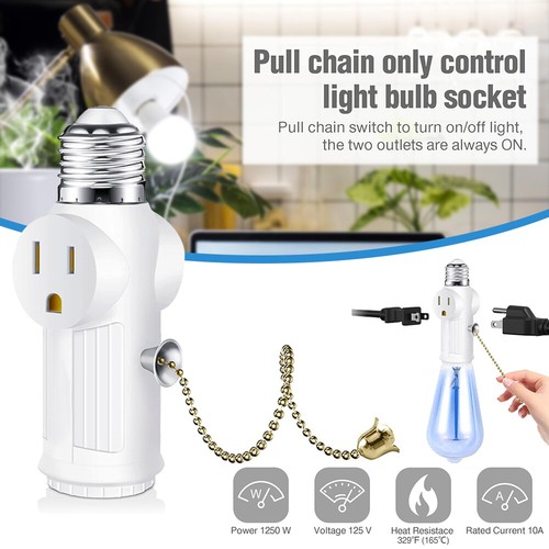 2 Pack Light Socket To Plug Adapter Pull Chain E26 Bulb Splitter Double 3 Prong - Picture 4 of 11