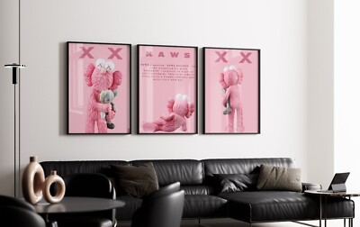 Set of 3 All Pink Kaws Art pieces canvas wall art home decor