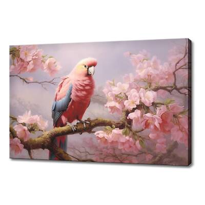 Schöner Papagei Vogel auf rosa Blütenbaum Leinwandbild, heitere Frühlingsszene