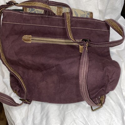Myra Bag Brown Daisy Backpack Upcycled Canvas & Cowhide  display picture 1