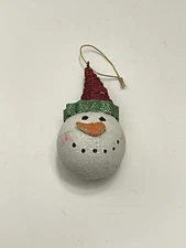Snowman Head Ornament with Carrot Nose and Red Hat With Green Trim
