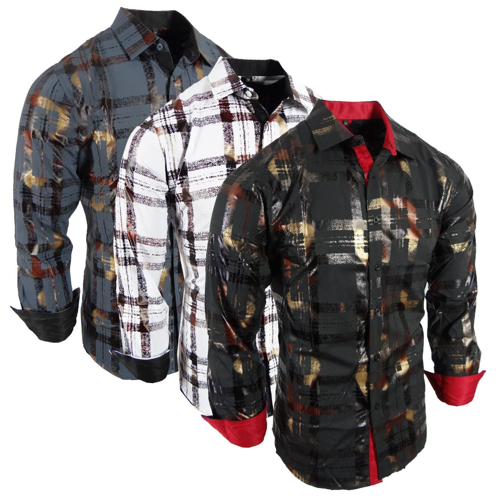 Mens Shirt Designer Plaid Print Bronze Leaf Foil Overlay Stretch Slim Fit Button
Opens in a new wind