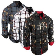 Mens Shirt Designer Plaid Print Bronze Leaf Foil Overlay Stretch Slim Fit Button