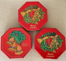 3  SEE'S CANDIES Red Octagonal Christmas Candy Tins ~ 16 oz ~ USA
