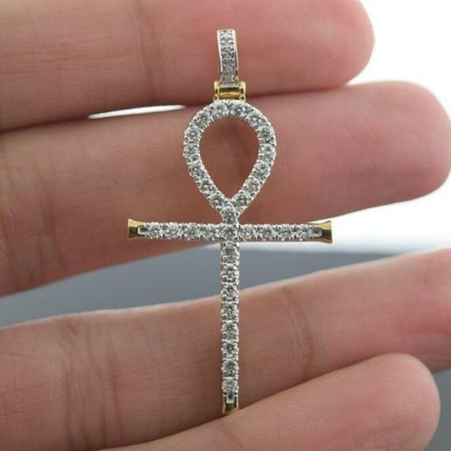 Ciondolo croce Ankh unisex taglio tondo simulato diamante placcato oro giallo 14 carati - Foto 3 di 5