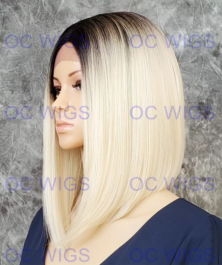 Angled Bob Heat OK Human Hair Blend Lace Front Wig Light Blonde w Rooted EVEJ
