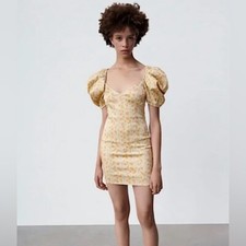 Zara Satin Effect Puff Sleeve Floral Mini Dress in Yellow/Pink/Blue Size M