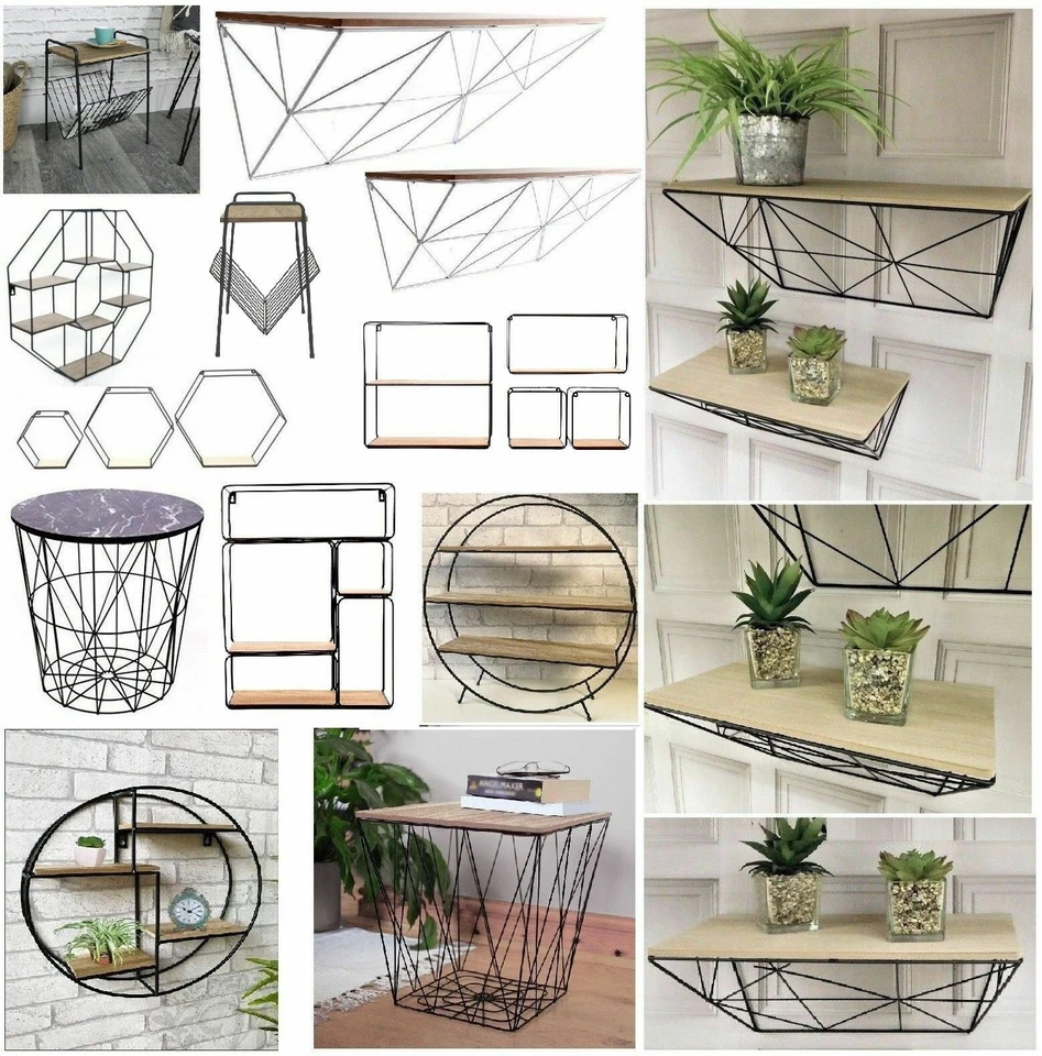 Vintage Wall Storage Unit Retro Wood Industrial Style Metal Wire Shelf Rack New - Image 3 of 3