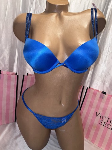 Victorias Secret Bombshell Bra Bling Double Straps & Thong 32B Ocean Blue