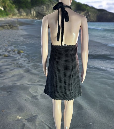 Vintage Y2K 90s Crochet Knit Halter Mini Dress Embroidered Flowers Size M - Picture 2 of 17