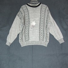 Vintage Alan Stuart Sweater Mens XL Gray Striped Knit Arctic Deer Cozy Dad 1980s